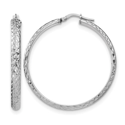 Sterling Silver Rh Plated Polished & Textured Hoop Earrings