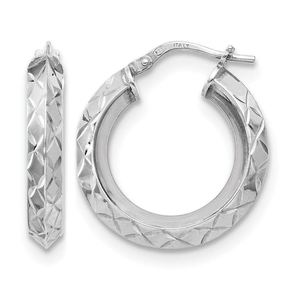 Sterling Silver Rh Plated Polished & D/C Hoop Earrings