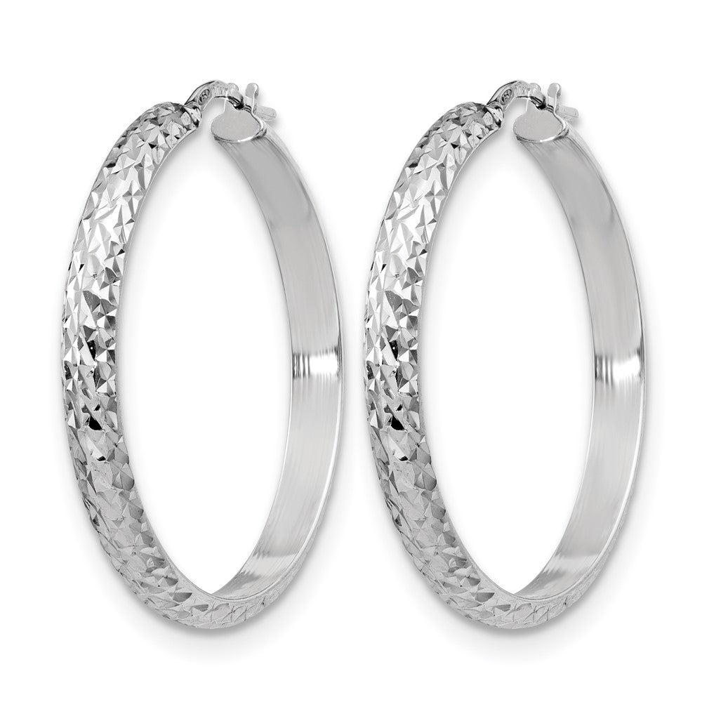 Sterling Silver Rh Plated Polished & Textured Hoop Earrings