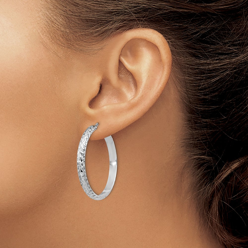 Sterling Silver Rh Plated Polished & Textured Hoop Earrings