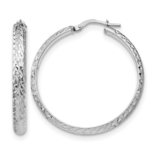 Sterling Silver Rh Plated Polished & Textured Hoop Earrings