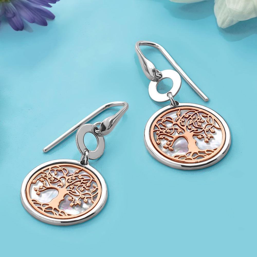 Sterling Silver & Rose Tone Mop Tree Of Life Dangle Earrings