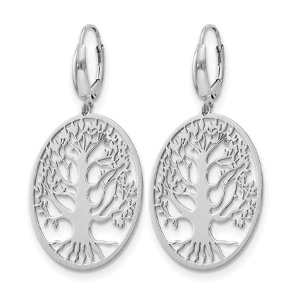Sterling Silver Rh Plated Polished Tree Of Life Leverback Earrings