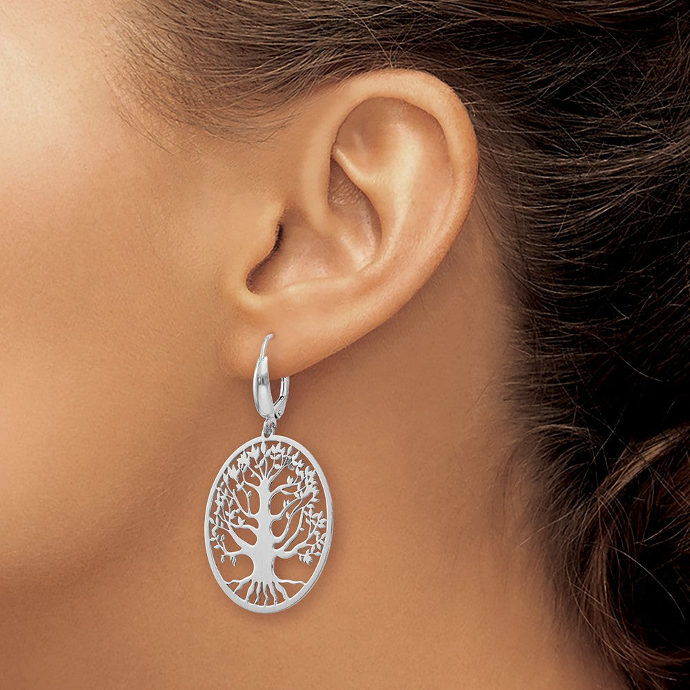 Sterling Silver Rh Plated Polished Tree Of Life Leverback Earrings