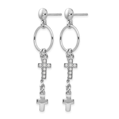 Sterling Silver Rhodium-Plated Cz Cross Dangle Earrings
