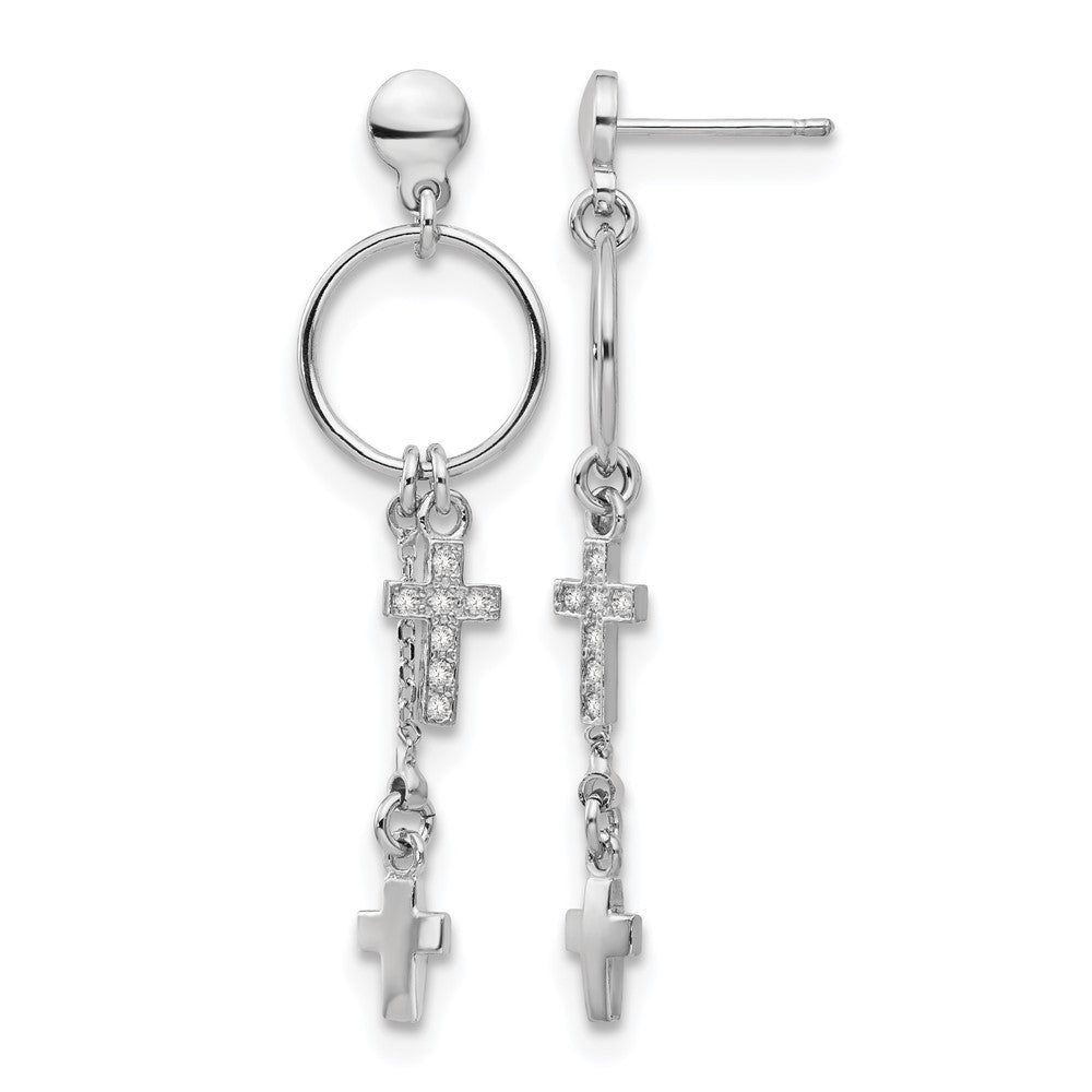 Sterling Silver Rhodium-Plated Cz Cross Dangle Earrings