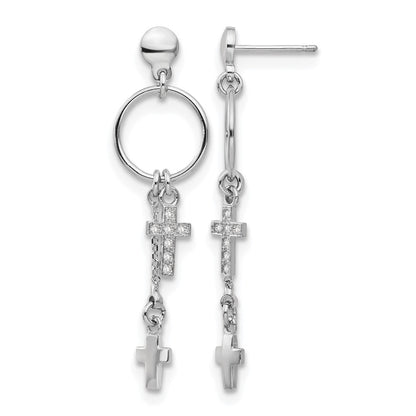 Sterling Silver Rhodium-Plated Cz Cross Dangle Earrings