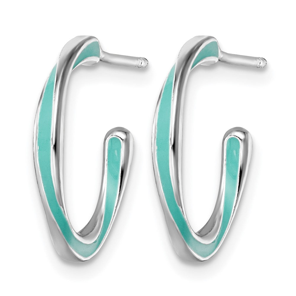 Sterling Silver Rhodium Plated Aqua Enameled Hoop Earrings