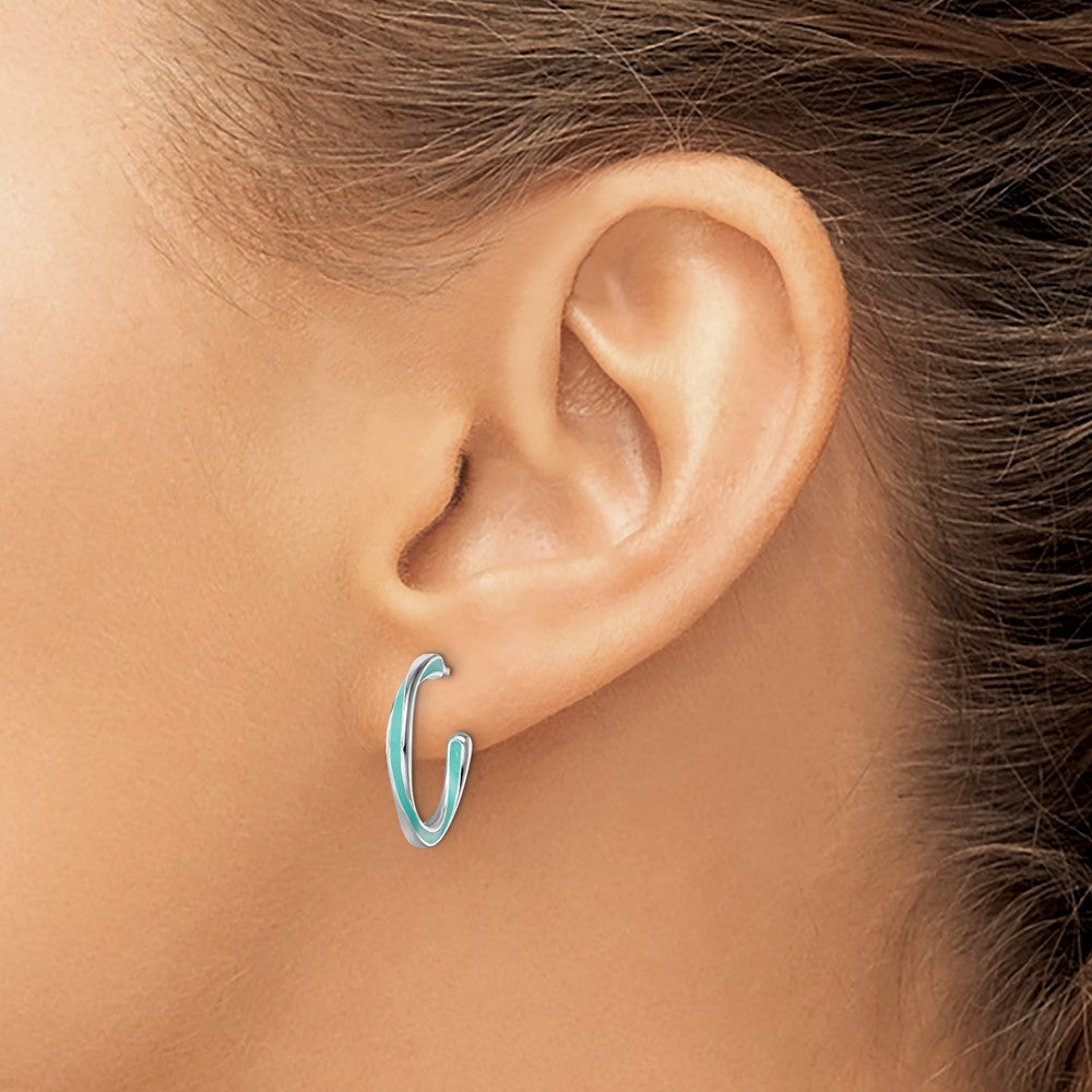 Sterling Silver Rhodium Plated Aqua Enameled Hoop Earrings