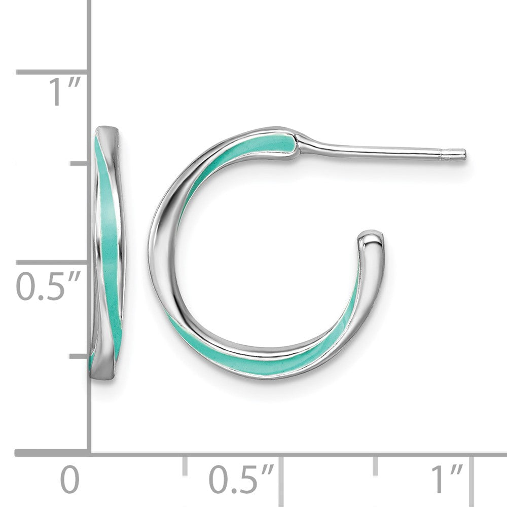 Sterling Silver Rhodium Plated Aqua Enameled Hoop Earrings