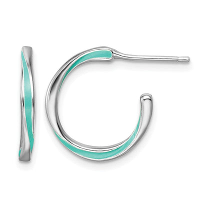 Sterling Silver Rhodium Plated Aqua Enameled Hoop Earrings