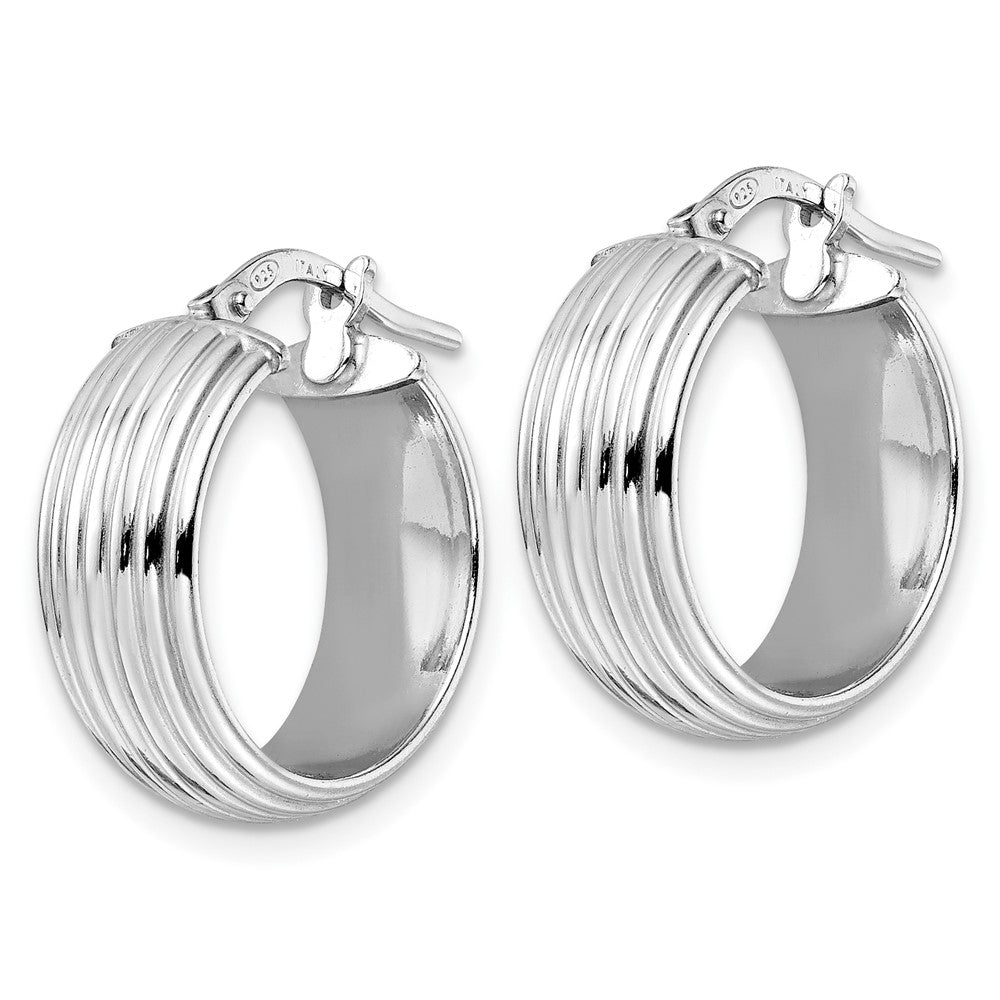 Sterling Silver Rhod Plated Polished Grooved Hoop Earrings