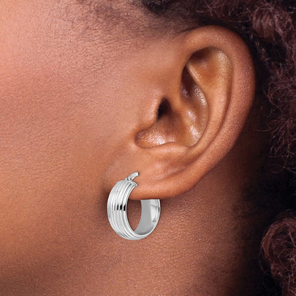 Sterling Silver Rhod Plated Polished Grooved Hoop Earrings