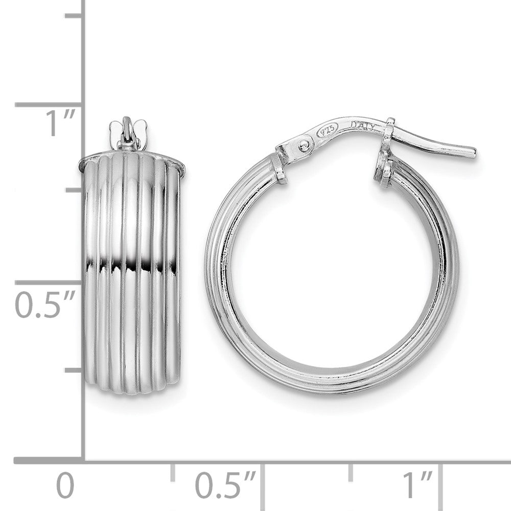 Sterling Silver Rhod Plated Polished Grooved Hoop Earrings