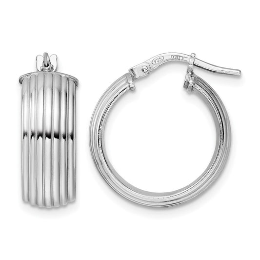Sterling Silver Rhod Plated Polished Grooved Hoop Earrings