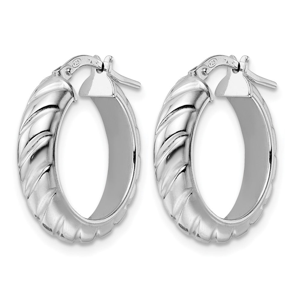 Sterling Silver Rhod Plated Polished Textured Hoop Earrings