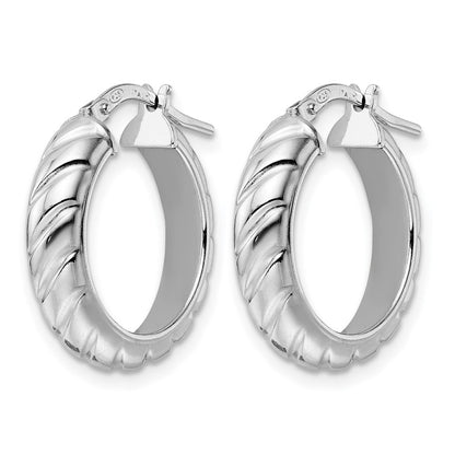 Sterling Silver Rhod Plated Polished Textured Hoop Earrings