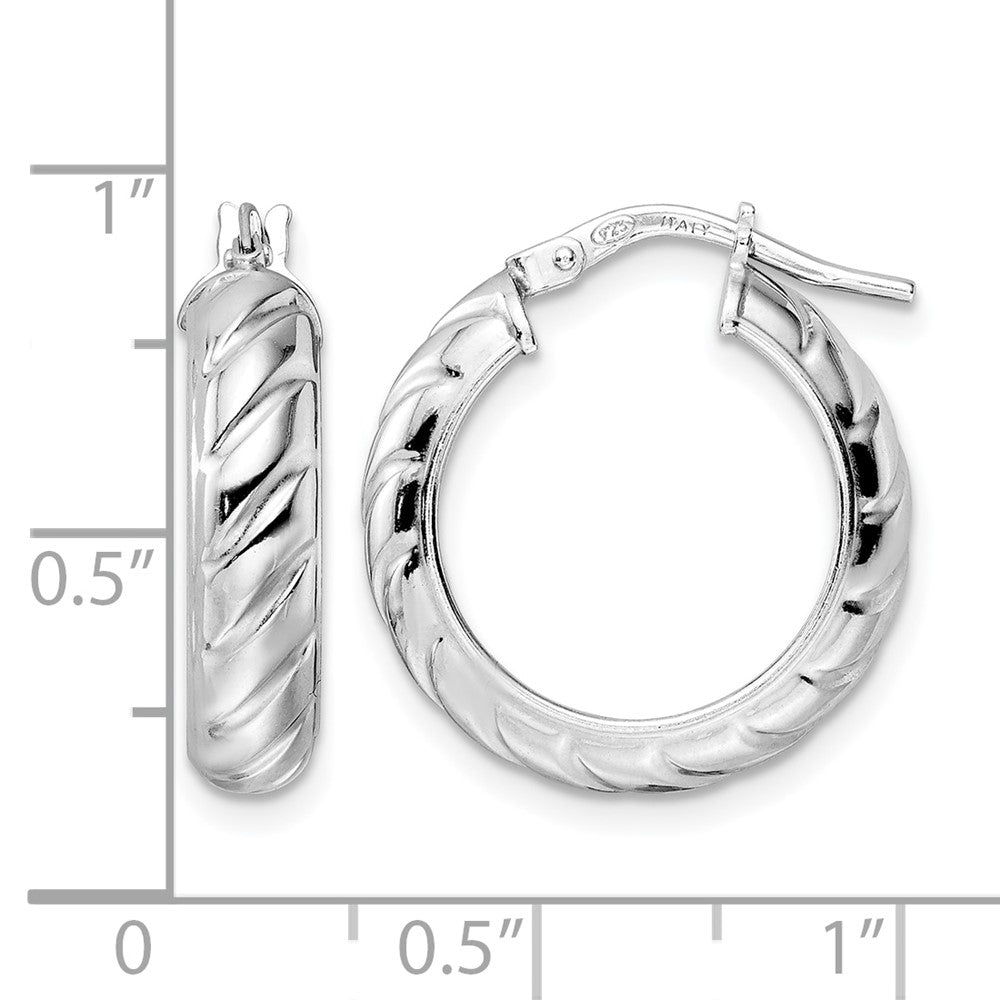 Sterling Silver Rhod Plated Polished Textured Hoop Earrings