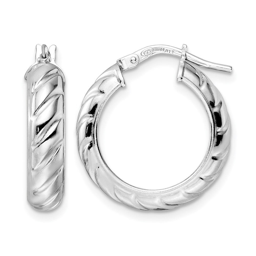 Sterling Silver Rhod Plated Polished Textured Hoop Earrings