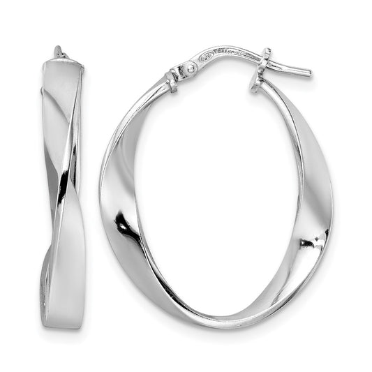 Sterling Silver Rhod Plated Polished Oval Twisted Hoop Earrings