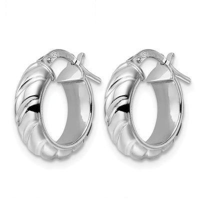 Sterling Silver Rhod Plated Polished Textured Hoop Earrings