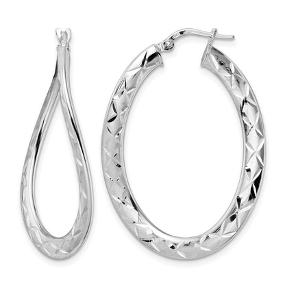 Sterling Silver Rhod Plated Pol & D/C Curved Oval Hoop Earrings
