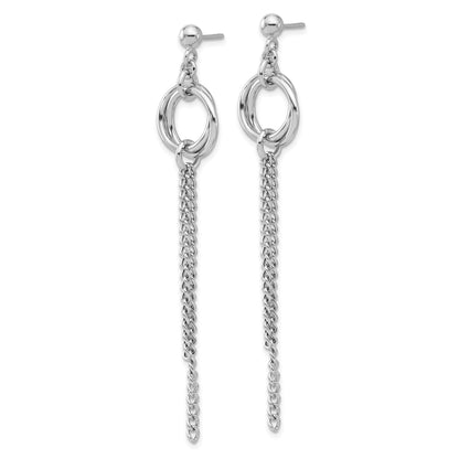 Sterling Silver Rh Plated Polished Circle Drop Chain Post Earrings