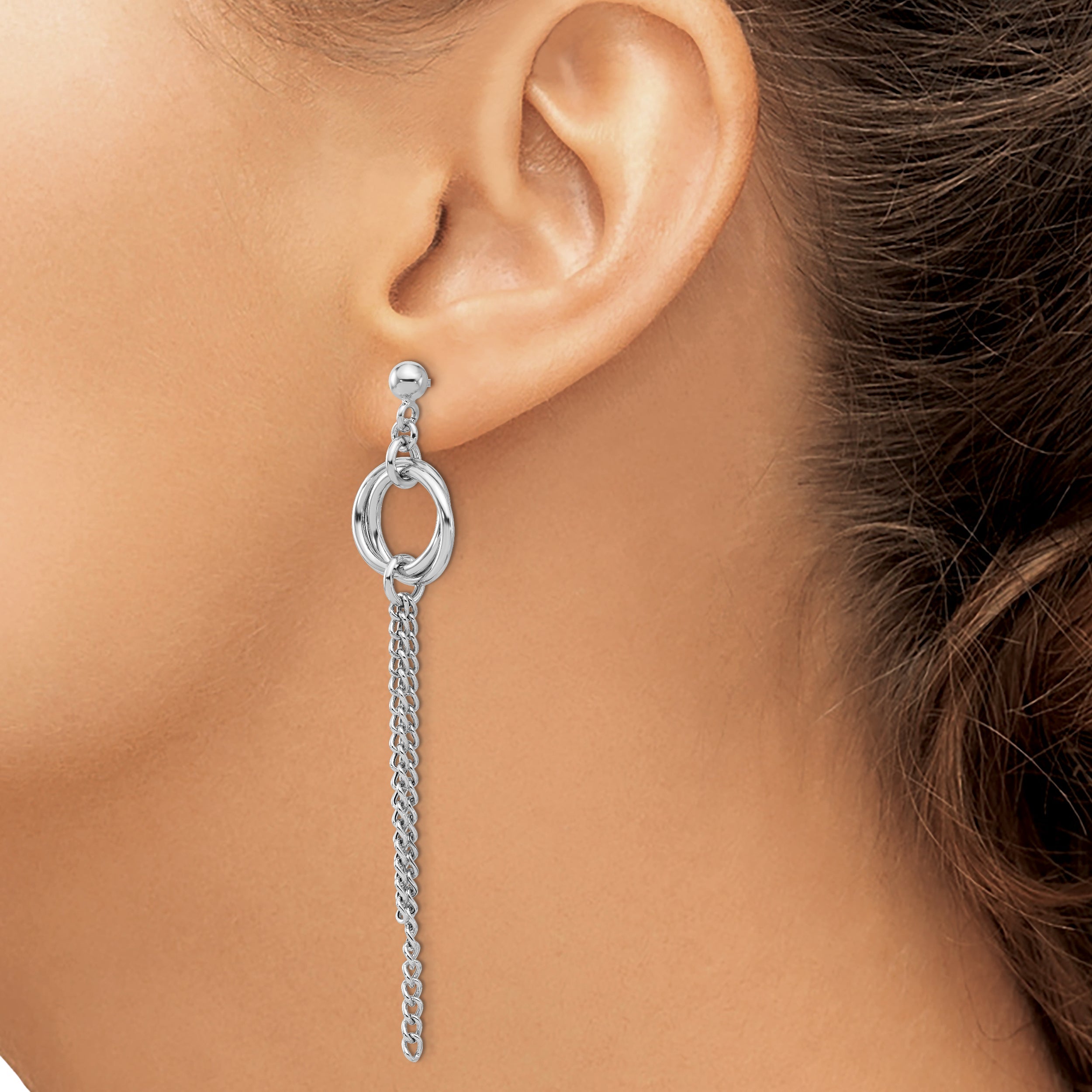 Sterling Silver Rh Plated Polished Circle Drop Chain Post Earrings