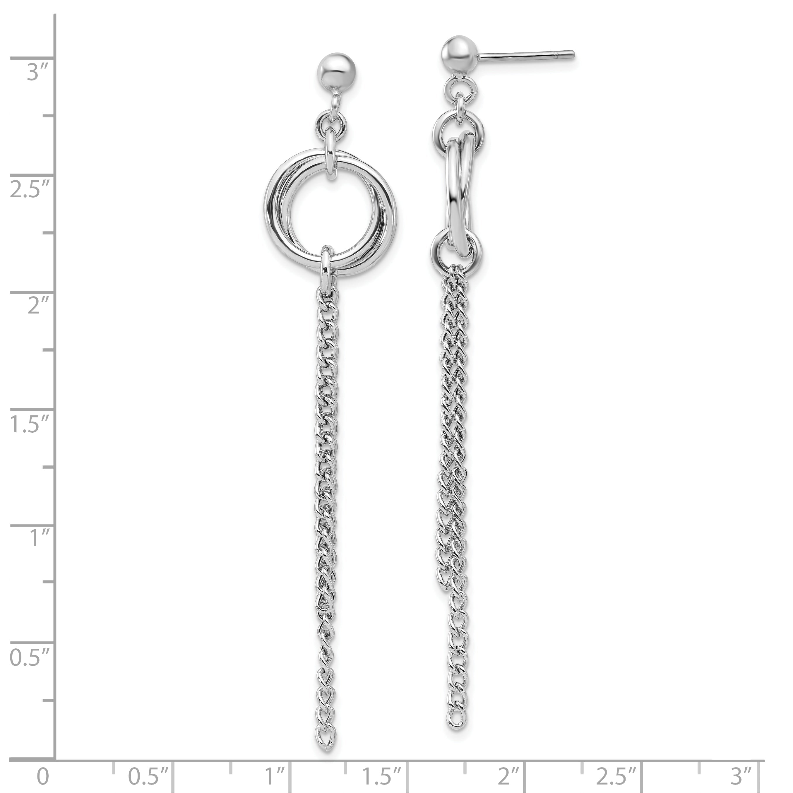 Sterling Silver Rh Plated Polished Circle Drop Chain Post Earrings