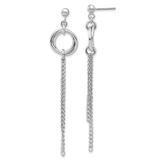 Sterling Silver Rh Plated Polished Circle Drop Chain Post Earrings