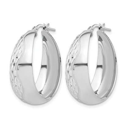 Sterling Silver Rhodium Plated Polished And Textured Hoop Earrings