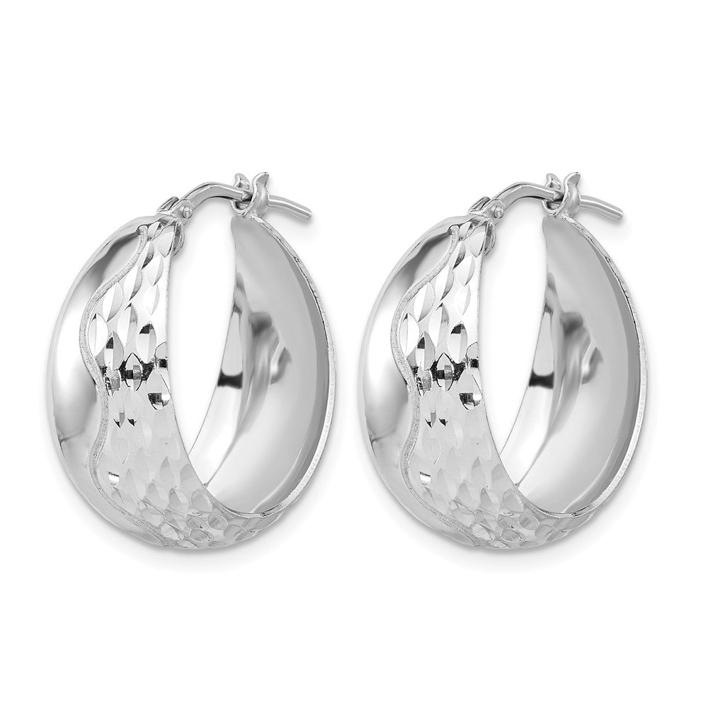Sterling Silver Rhodium Plated Polished And Textured Hoop Earrings