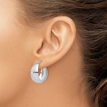 Sterling Silver Rhodium Plated Polished And Textured Hoop Earrings
