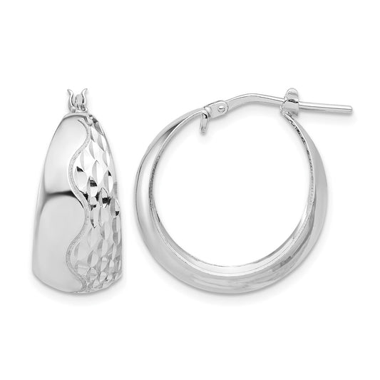Sterling Silver Rhodium Plated Polished And Textured Hoop Earrings