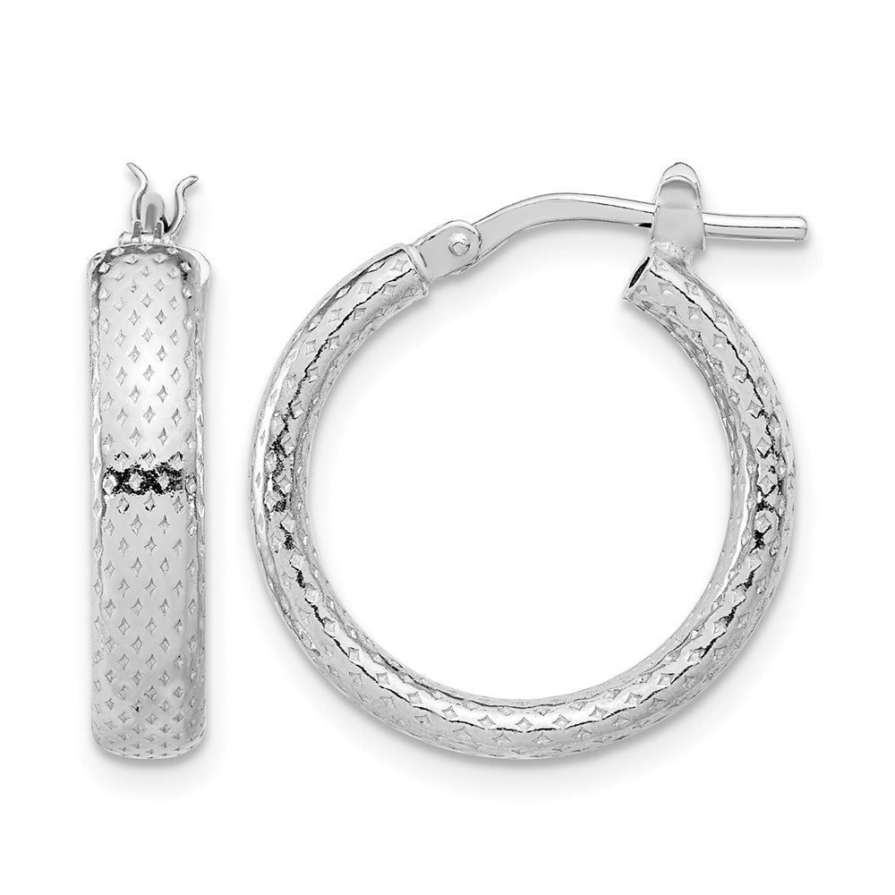 Sterling Silver Rhodium Plated Polished And Textured Hoop Earrings