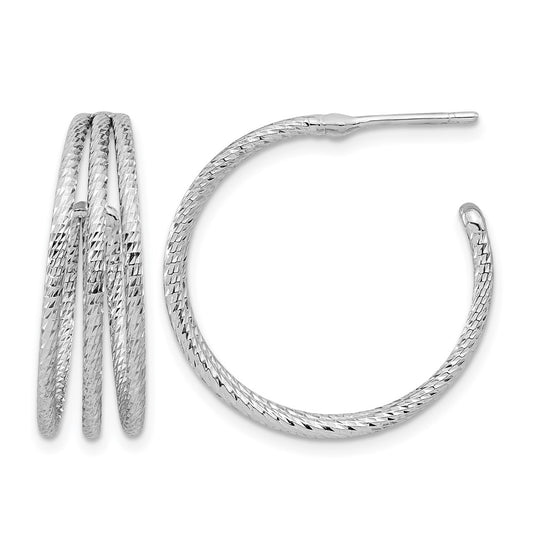 Sterling Silver Rh Plated Diamond Cut J Hoop Earrings
