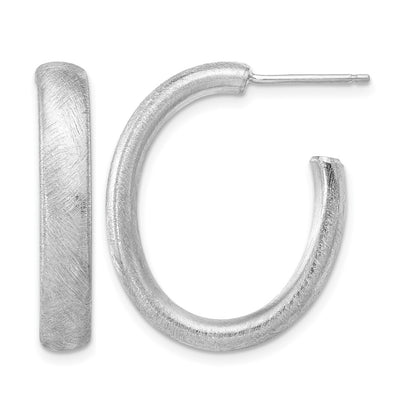Sterling Silver Rhodium Plated Brushed J Hoop Post Earrings