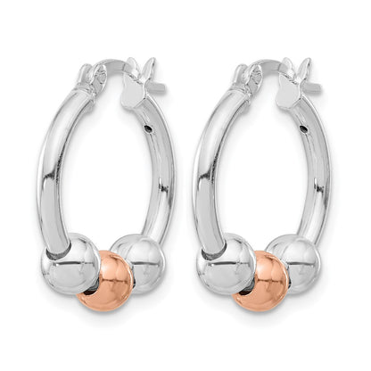 Sterling Silver Rhodium Plated And Rose Tone Beaded Hoop Earrings