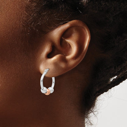 Sterling Silver Rhodium Plated And Rose Tone Beaded Hoop Earrings