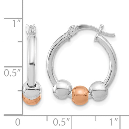 Sterling Silver Rhodium Plated And Rose Tone Beaded Hoop Earrings