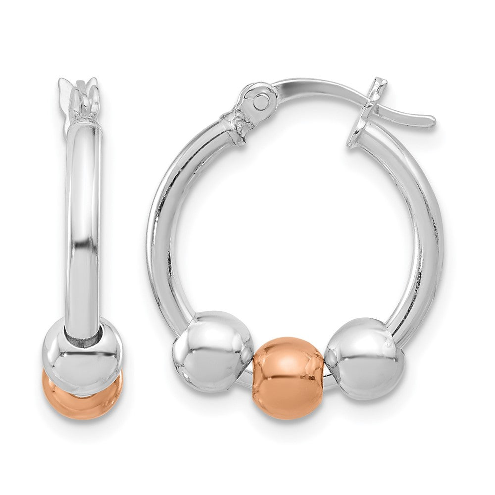 Sterling Silver Rhodium Plated And Rose Tone Beaded Hoop Earrings