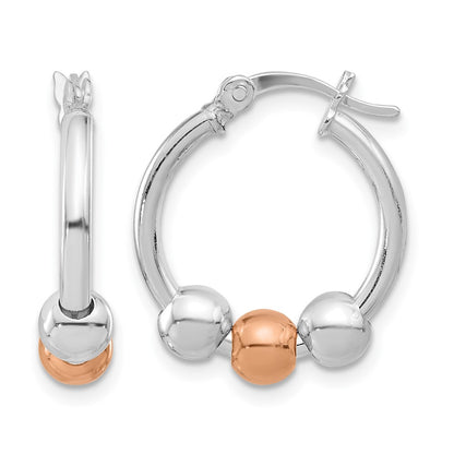 Sterling Silver Rhodium Plated And Rose Tone Beaded Hoop Earrings