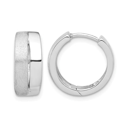 Sterling Silver Rh Plated Satin And Polished Hinged Hoop Earrings