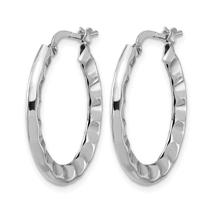Sterling Silver Rh Plated Polished/Hammered Hoop Earrings