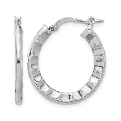 Sterling Silver Rh Plated Polished/Hammered Hoop Earrings