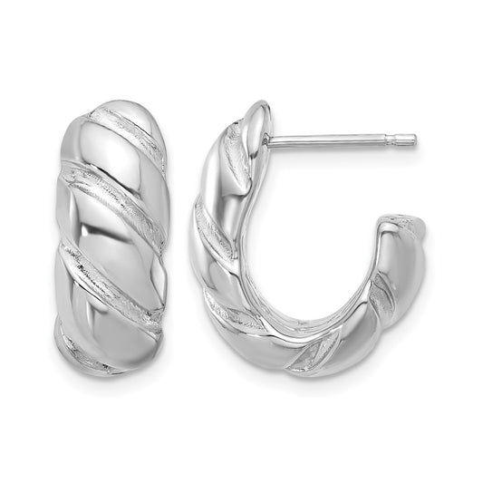 Sterling Silver Rh Plated Polished/Grooved Hollow J Hoop Earrings