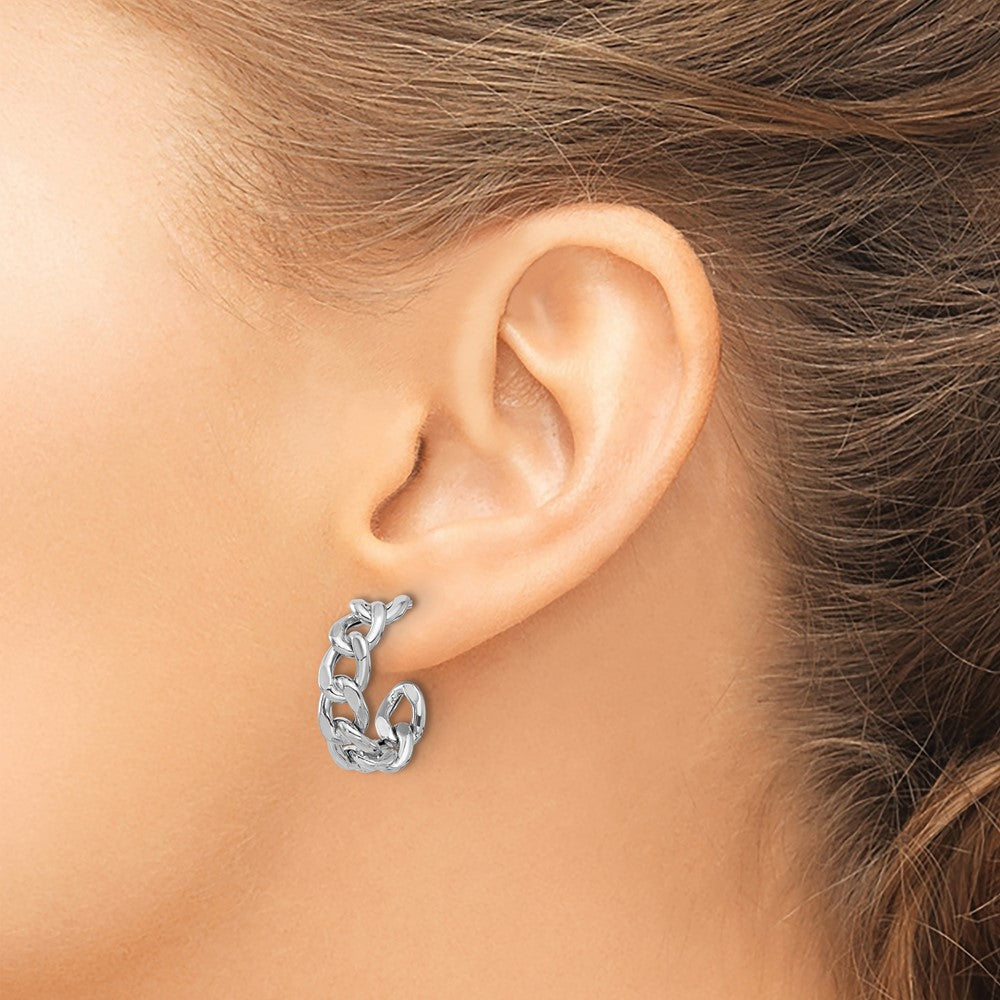 Sterling Silver Rh Plated Polished Curb Chain Post C Hoop Earrings