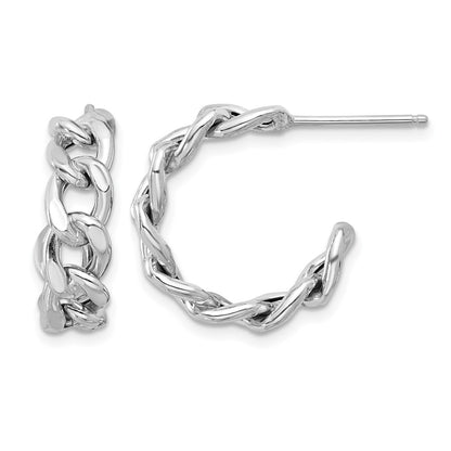 Sterling Silver Rh Plated Polished Curb Chain Post C Hoop Earrings