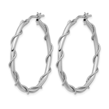 Sterling Silver Rh Plated Polished/Textured/Twisted Hoop Earrings