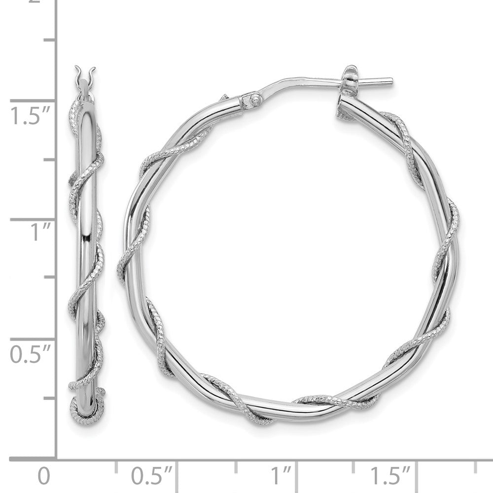 Sterling Silver Rh Plated Polished/Textured/Twisted Hoop Earrings